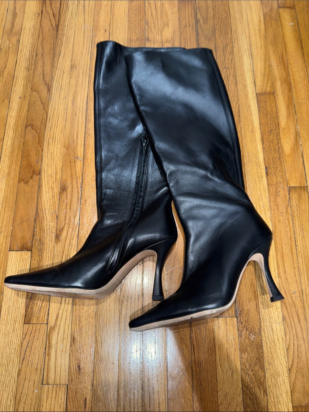 STAUD Black Leather Knee-High Pointed-Toe Stiletto Boots